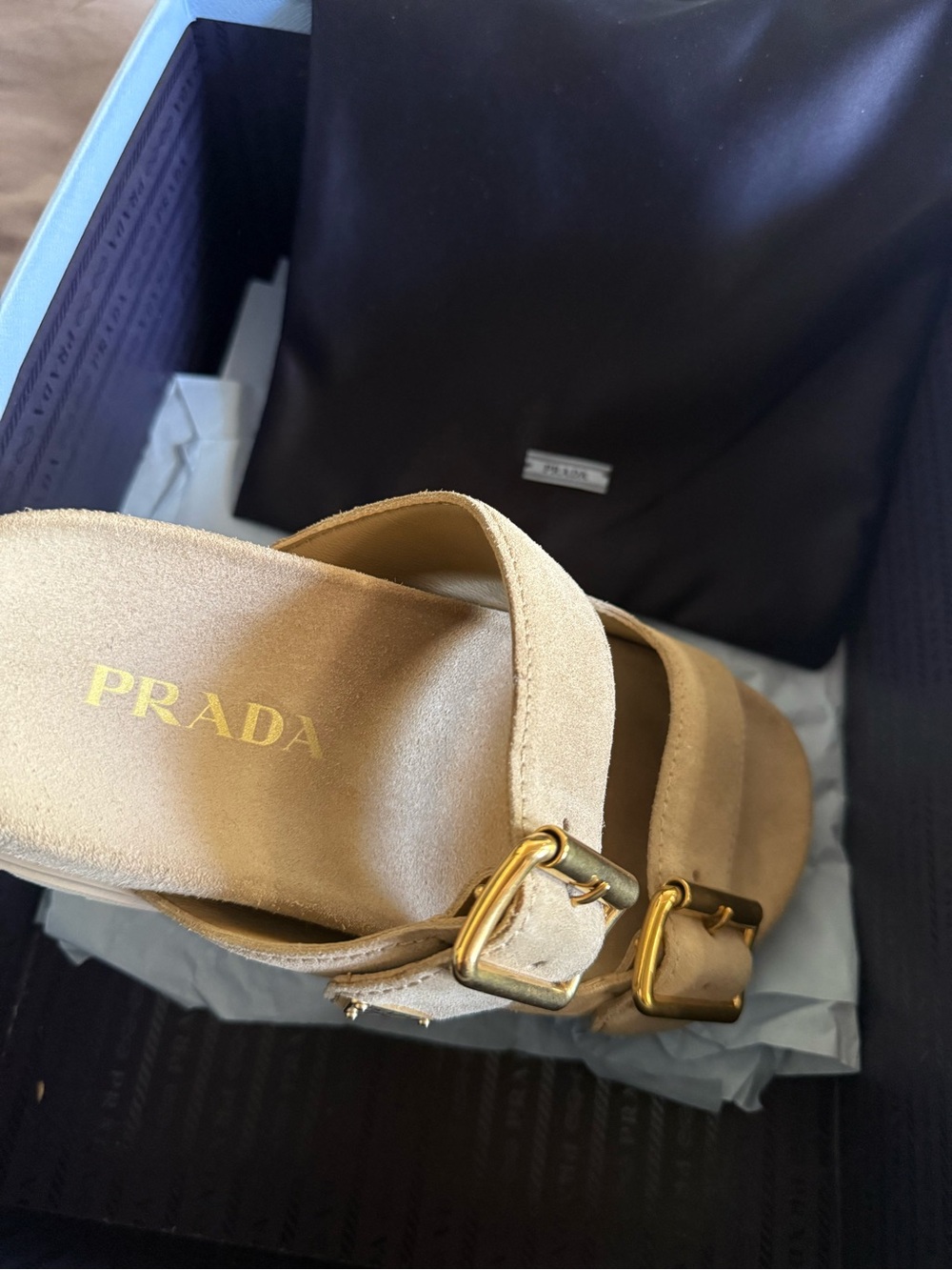Prada Beige Suede Double-Buckle Slide Sandals with Gold Hardware - Picture 5 of 7